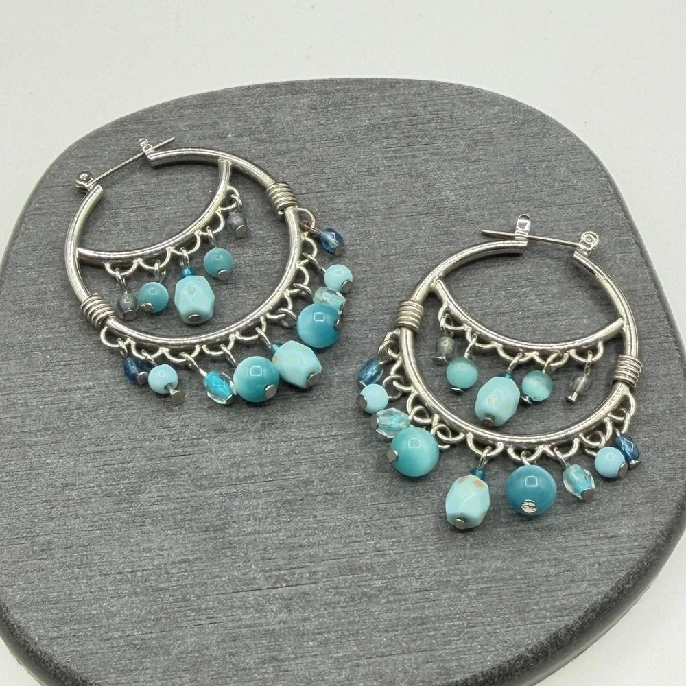 Silver Tone Turquoise Blue Beaded Chandelier Hoop Earrings Boho Statement Gift